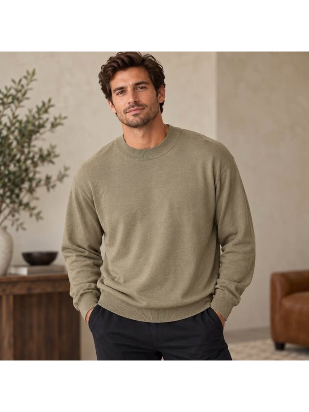 Baracuta Men’s XL Silk Cotton Crewneck Sweater Olive Green Lightweight Knit